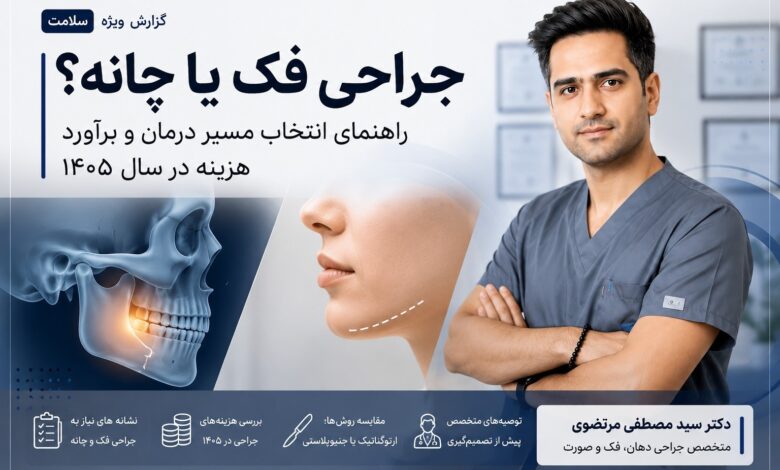 **Alt پیشنهادی تصویر شاخص:** تصویر شاخص مقاله جراحی فک یا چانه با حضور دکتر سید مصطفی مرتضوی، نمایش ساختار فک و فرم چانه، مقایسه مسیرهای درمان و بررسی هزینه جراحی در سال 1405.